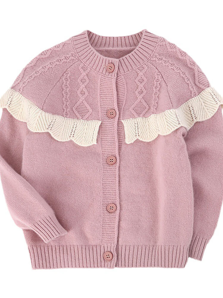 Kids Cable Knit Pink Cashmere Cardigan with Contrast Ruffle